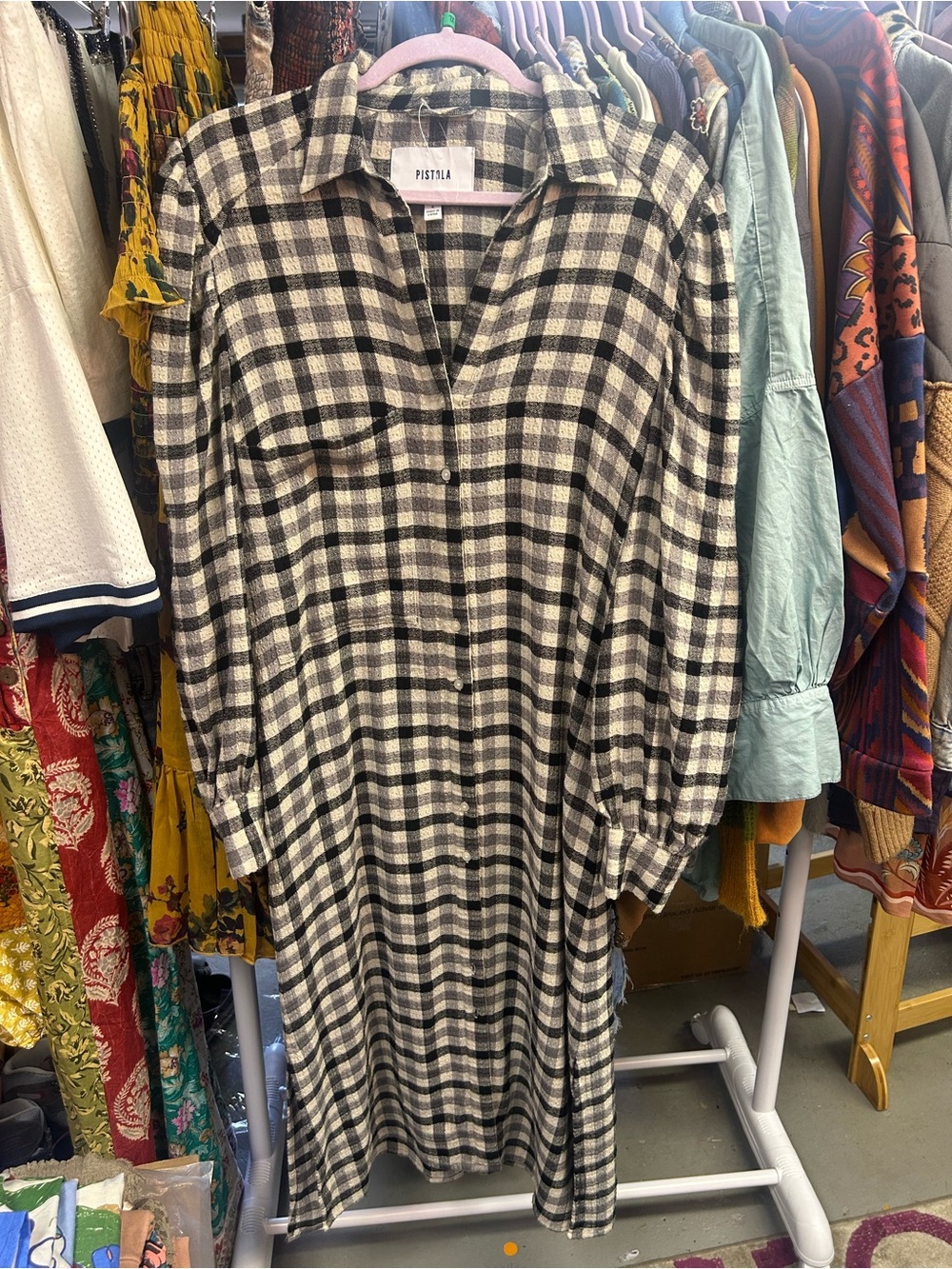 NWOT Pistola Black White Plaid Check Button Front Maxi Shirt Dress S